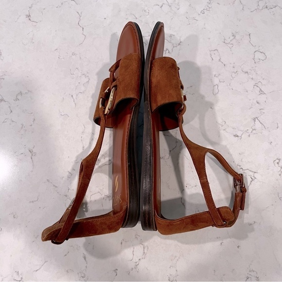 Franco Sarto Lockheart Cognac Suede Gold Ring Ankle Strap Sandal, size 8 - Picture 3 of 14